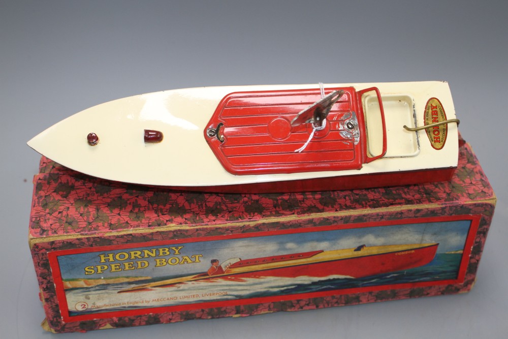 A Hornby tinplate clockwork No.2 Swift model speedboat, with red hull, boxed